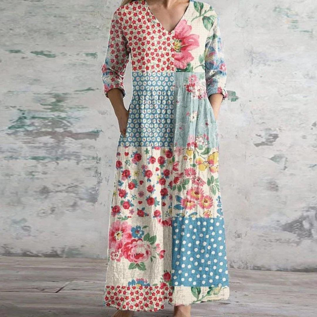 Polly | Retro Maxi Dress With Multi-Colored Floral Patterns