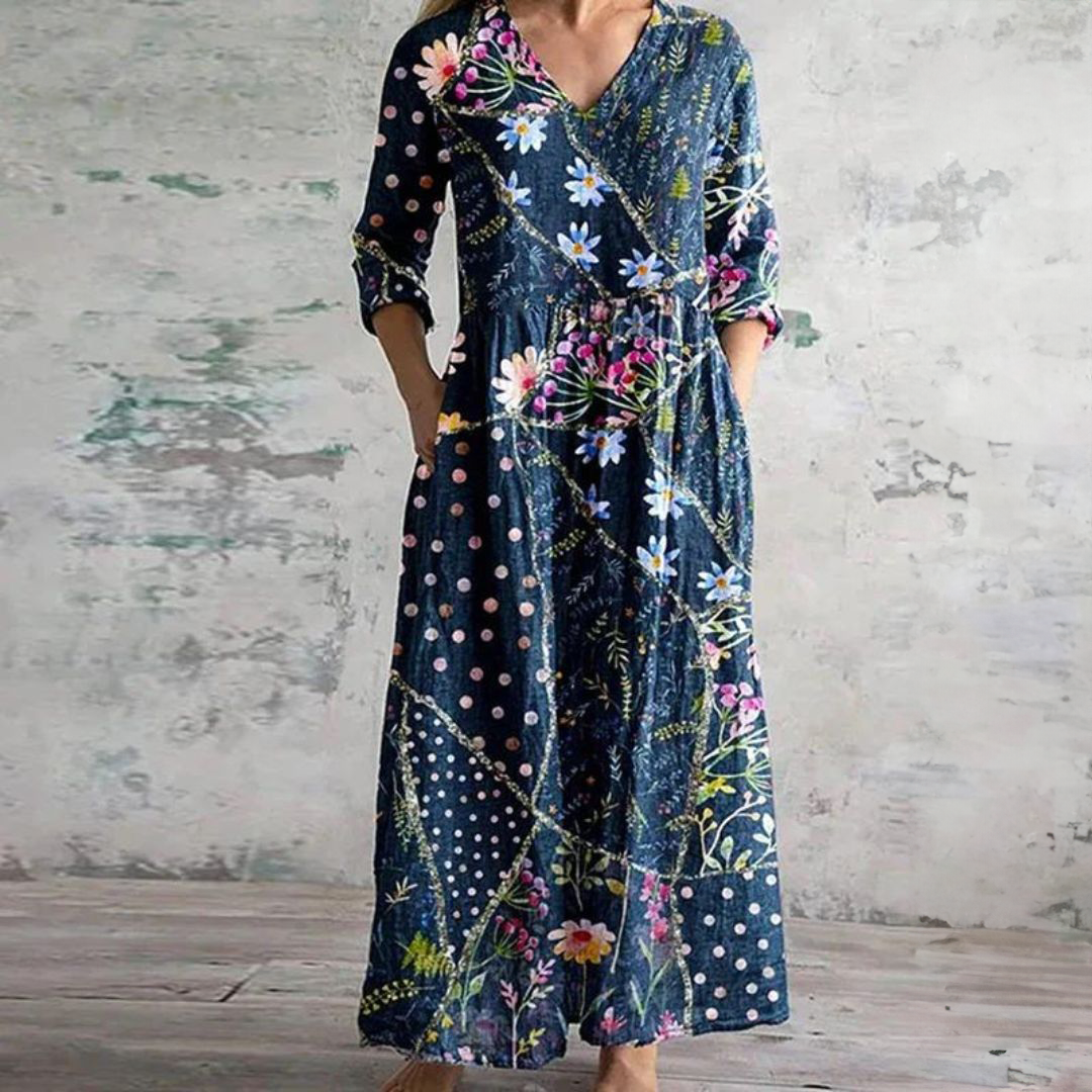 Polly | Retro Maxi Dress With Multi-Colored Floral Patterns