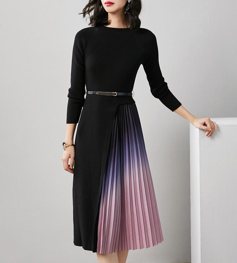 Giulia Gradient Pleated Splicing Belted Knit Dress