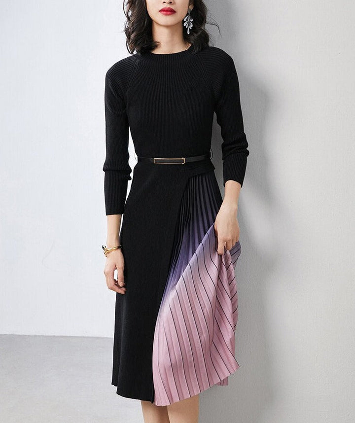 Giulia Gradient Pleated Splicing Belted Knit Dress