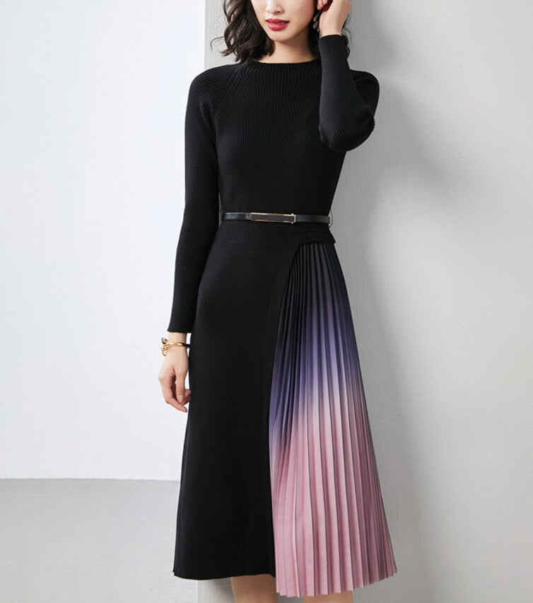 Giulia Gradient Pleated Splicing Belted Knit Dress