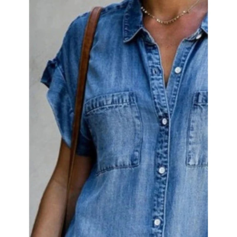 Summer New Single Breasted Denim Shirt Dress Women's Casual Loose Pocket Simple Retro Commuter Female Office Denim Short Skirt