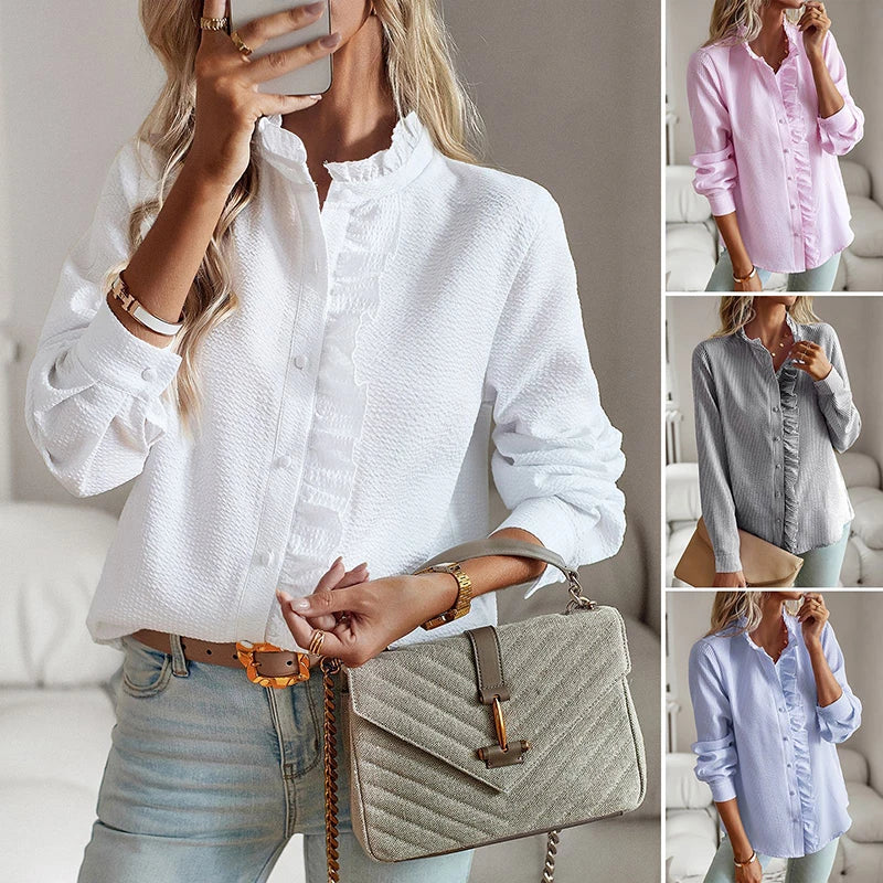 Ginevra Ruffled Standing Collar Long Sleeved Shirt