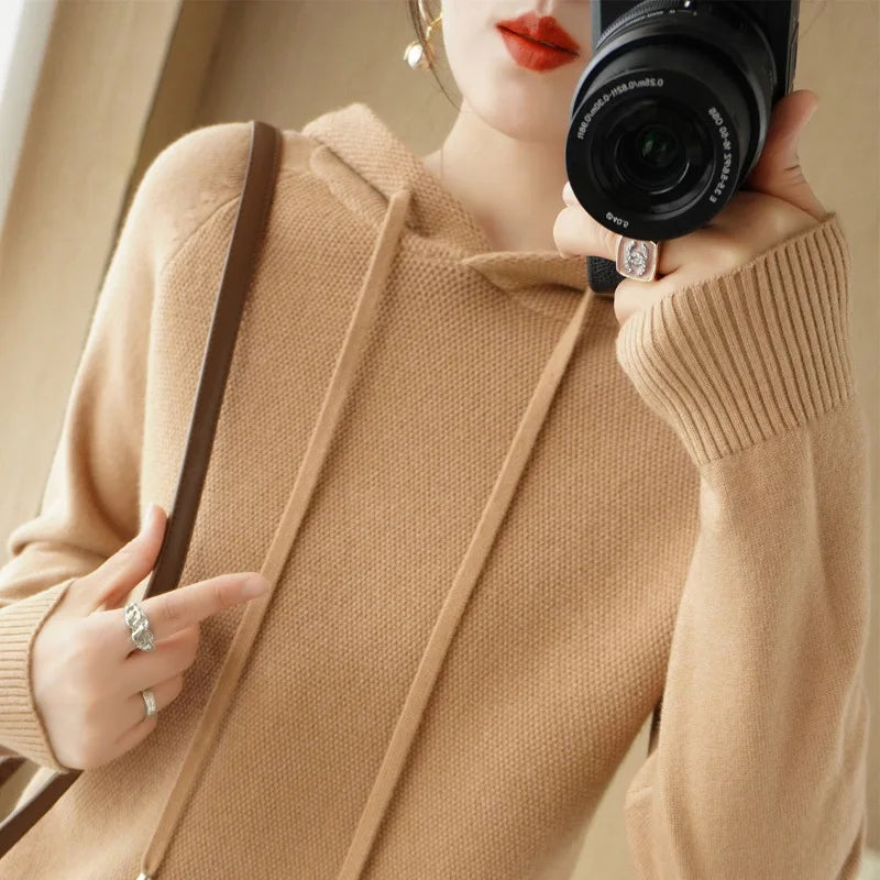 Hooded Sweatshirt for Women Spring and Autumn 2024 New Hoodie Base Layer Knitted Sweater Casual Hooded Sweater for Women