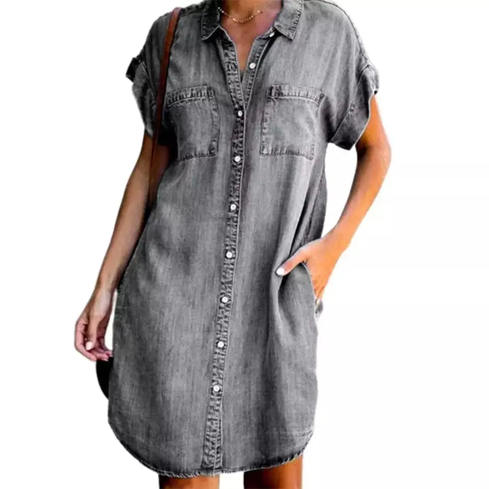 Summer New Single Breasted Denim Shirt Dress Women's Casual Loose Pocket Simple Retro Commuter Female Office Denim Short Skirt