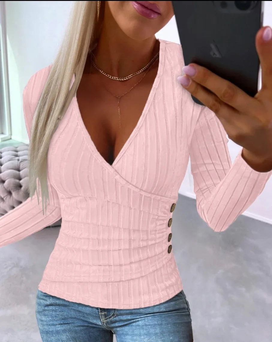 Elena Elegant Deep V-neck Long-sleeved Slim Knitted Sweater